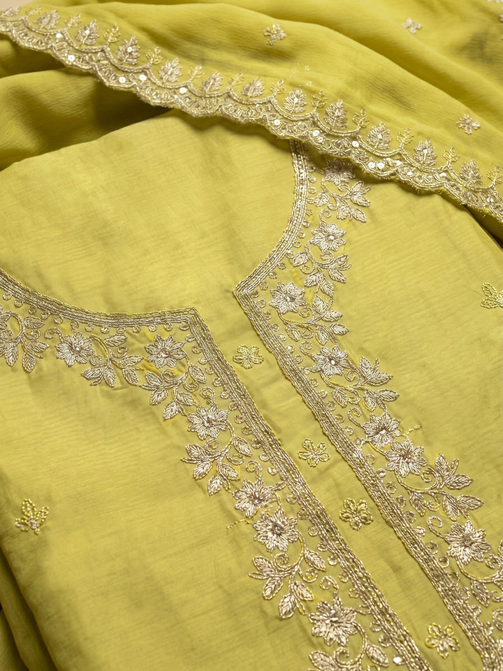 Yellow Embroidered Chanderi Unstitched Suit With Pant &amp; Dupatta
