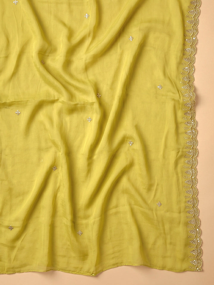 Yellow Embroidered Chanderi Unstitched Suit With Pant &amp; Dupatta