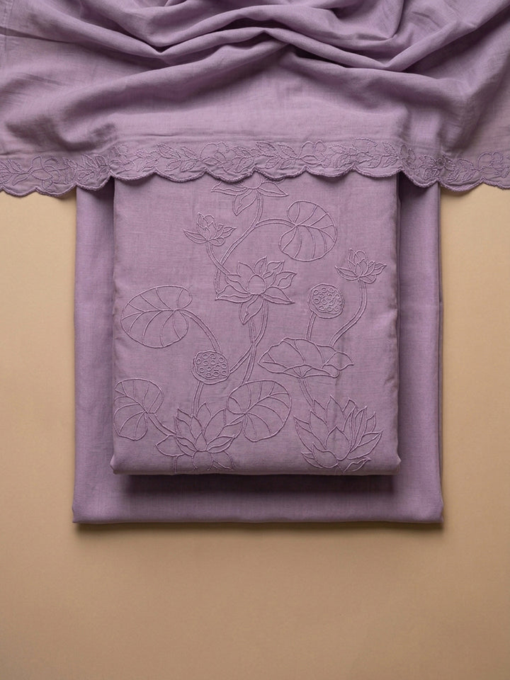 Lavender Embroidered Chanderi Unstitched Suit &amp; Pant With Chanderi Dupatta