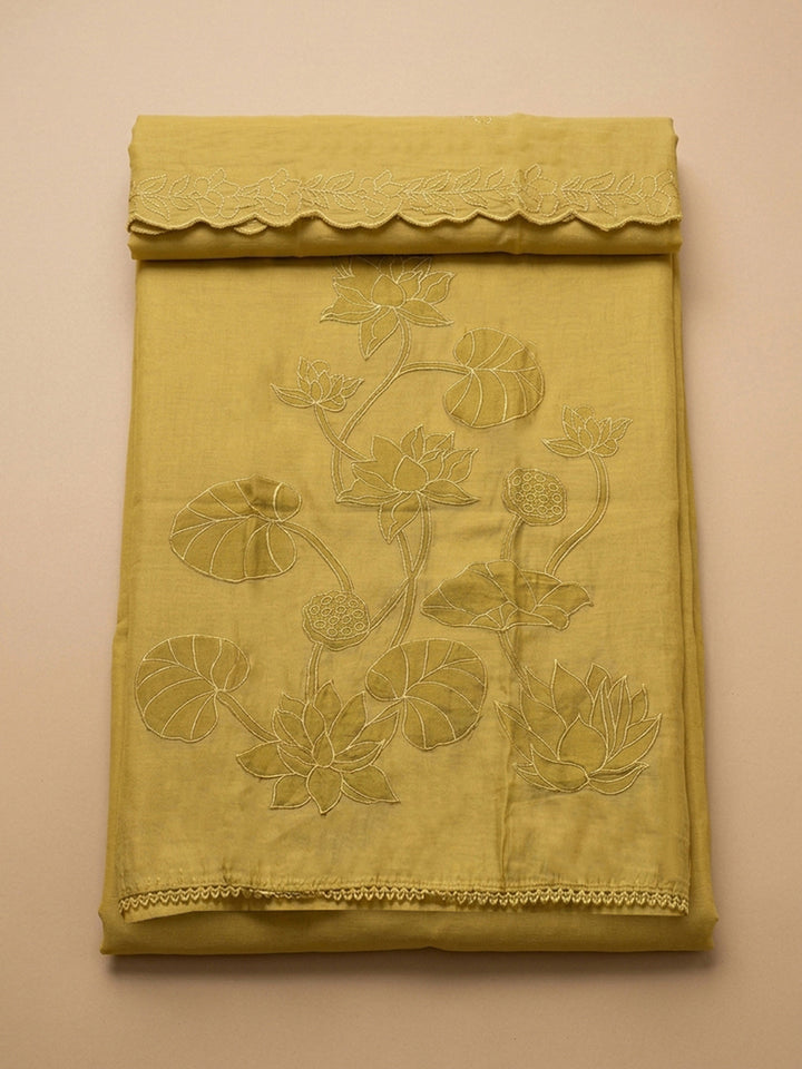 Mustard Embroidered Chanderi Unstitched Suit &amp; Pant With Chanderi Dupatta