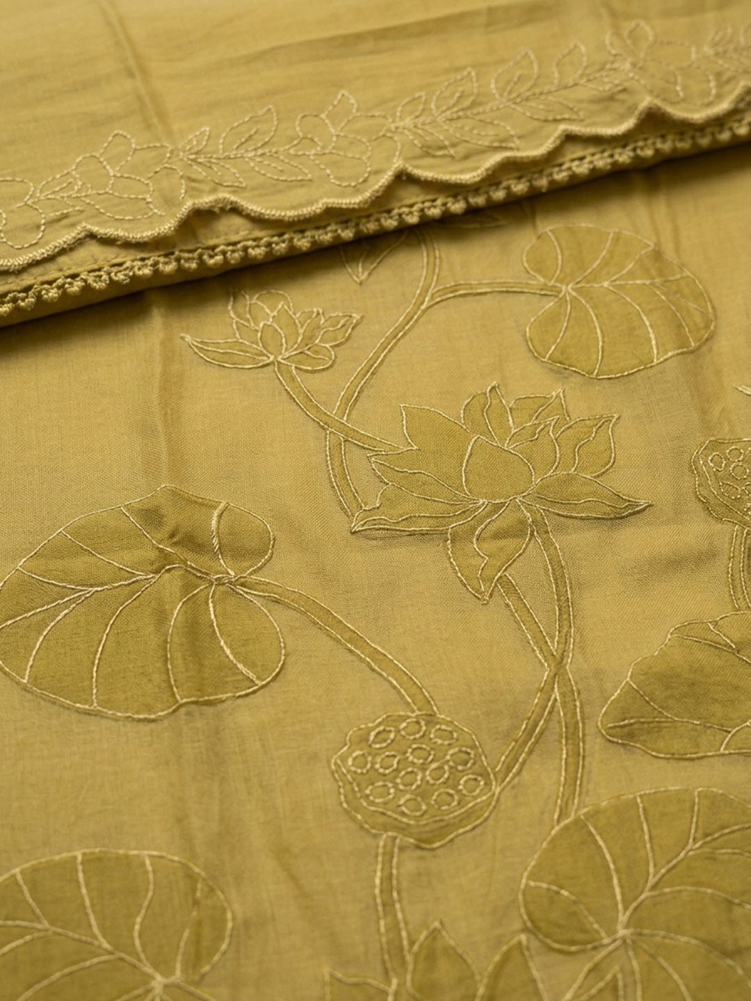 Mustard Embroidered Chanderi Unstitched Suit &amp; Pant With Chanderi Dupatta