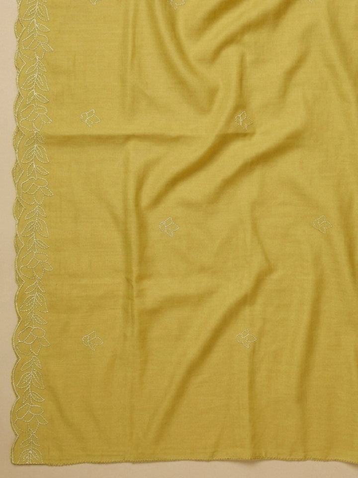 Mustard Embroidered Chanderi Unstitched Suit &amp; Pant With Chanderi Dupatta