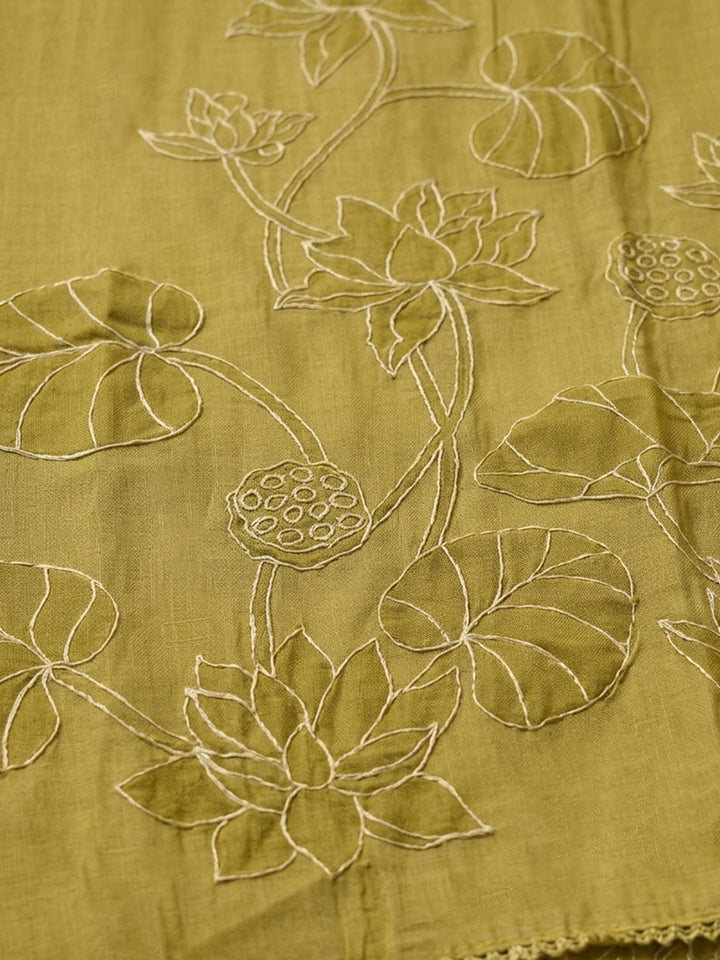 Mustard Embroidered Chanderi Unstitched Suit &amp; Pant With Chanderi Dupatta