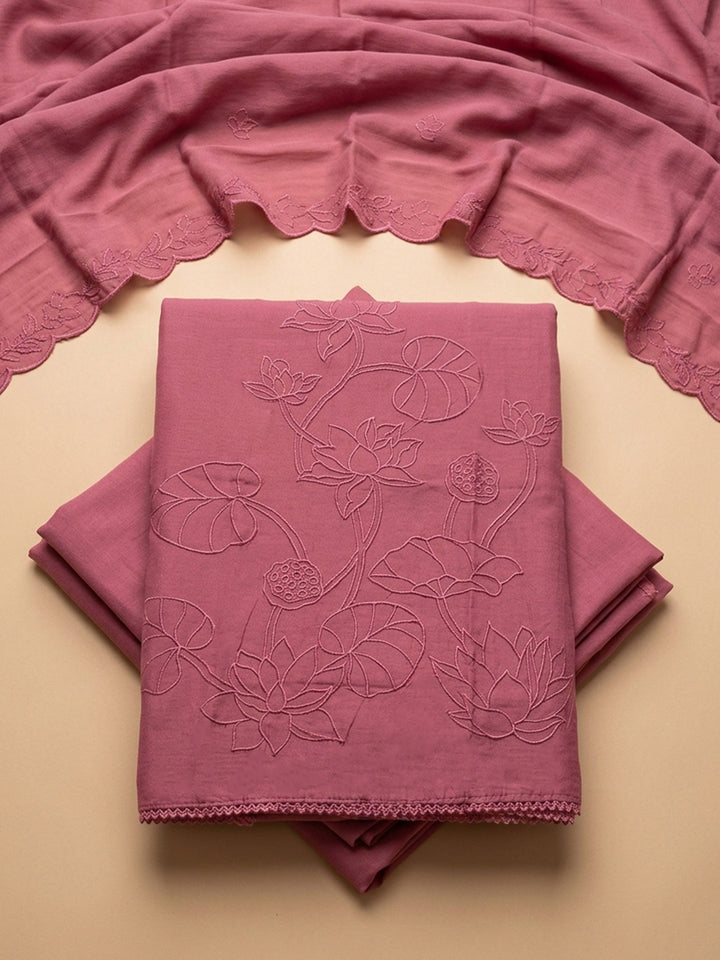 Onion Pink Embroidered Chanderi Unstitched Suit &amp; Pant With Chanderi Dupatta