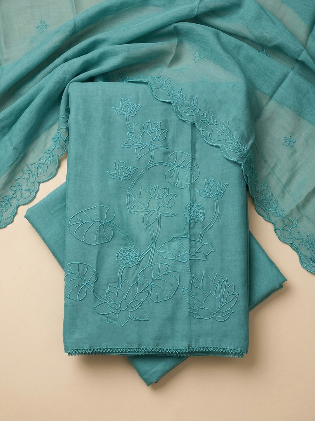 Rama Green Embroidered Chanderi Unstitched Suit &amp; Pant With Chanderi Dupatta