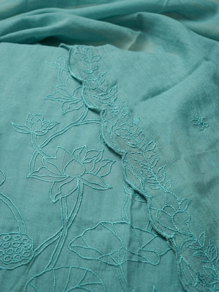 Rama Green Embroidered Chanderi Unstitched Suit &amp; Pant With Chanderi Dupatta