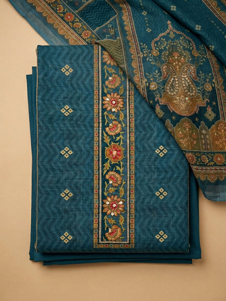 Blue Embroidered Chanderi Unstitched Suit &amp; Pant With Chanderi Dupatta