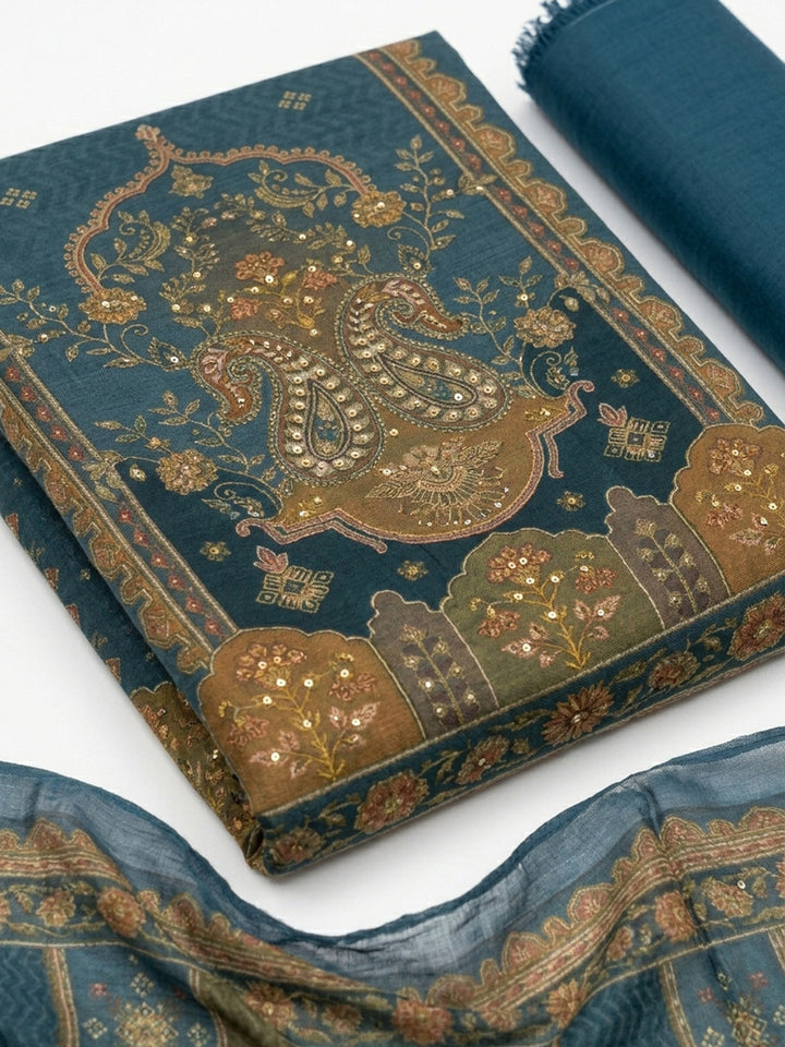 Blue Embroidered Chanderi Unstitched Suit &amp; Pant With Chanderi Dupatta
