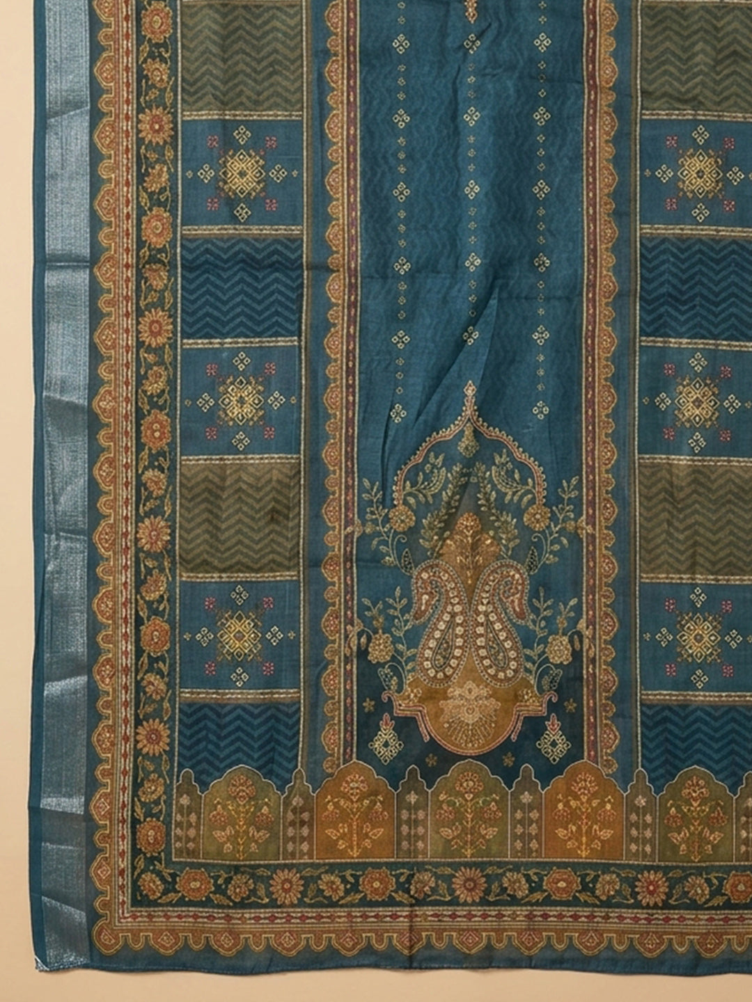 Blue Embroidered Chanderi Unstitched Suit &amp; Pant With Chanderi Dupatta
