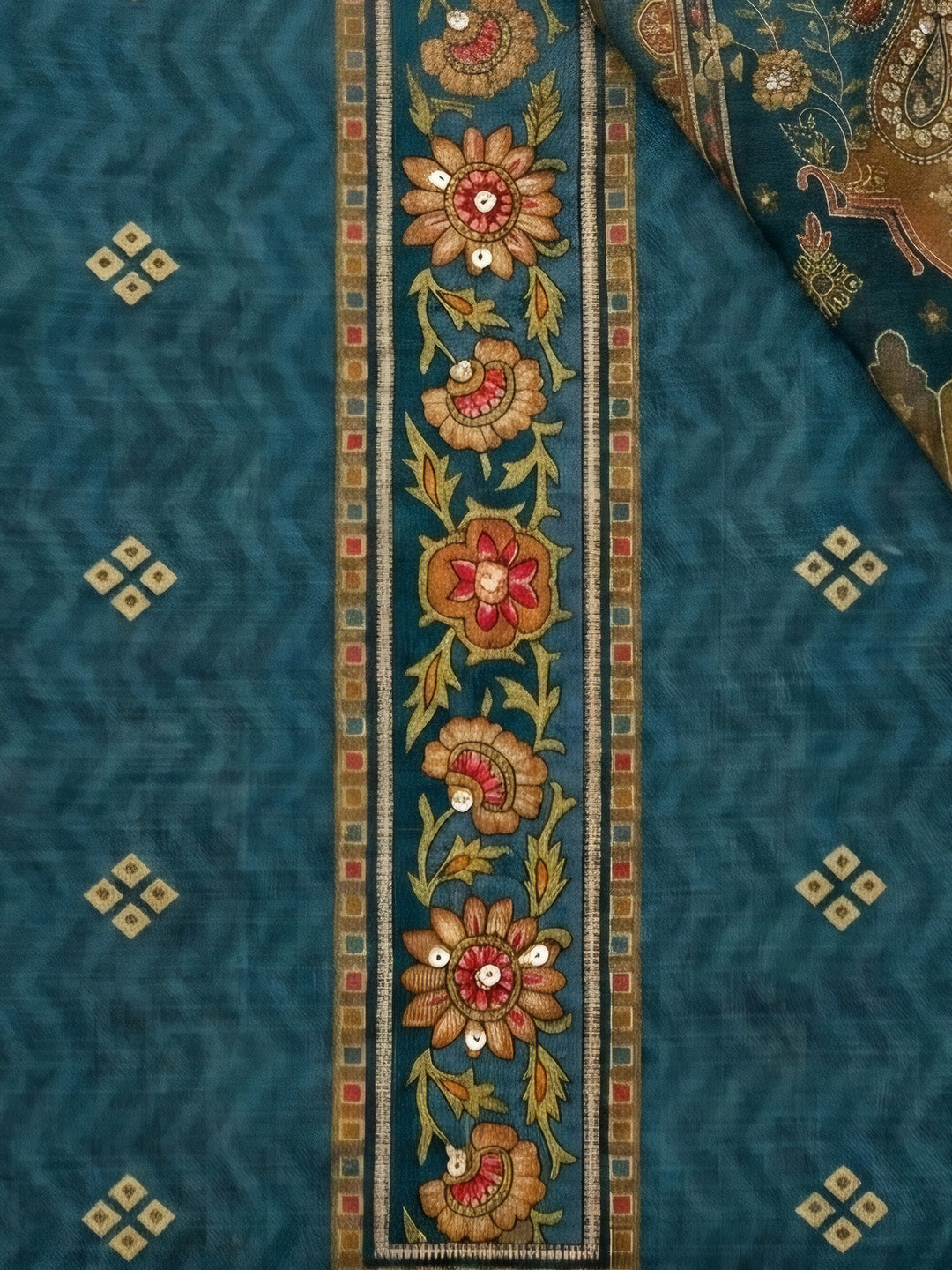 Blue Embroidered Chanderi Unstitched Suit &amp; Pant With Chanderi Dupatta