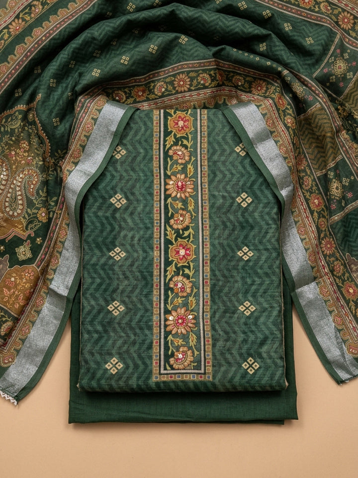 Bottle Green Embroidered Chanderi Unstitched Suit &amp; Pant With Chanderi Dupatta