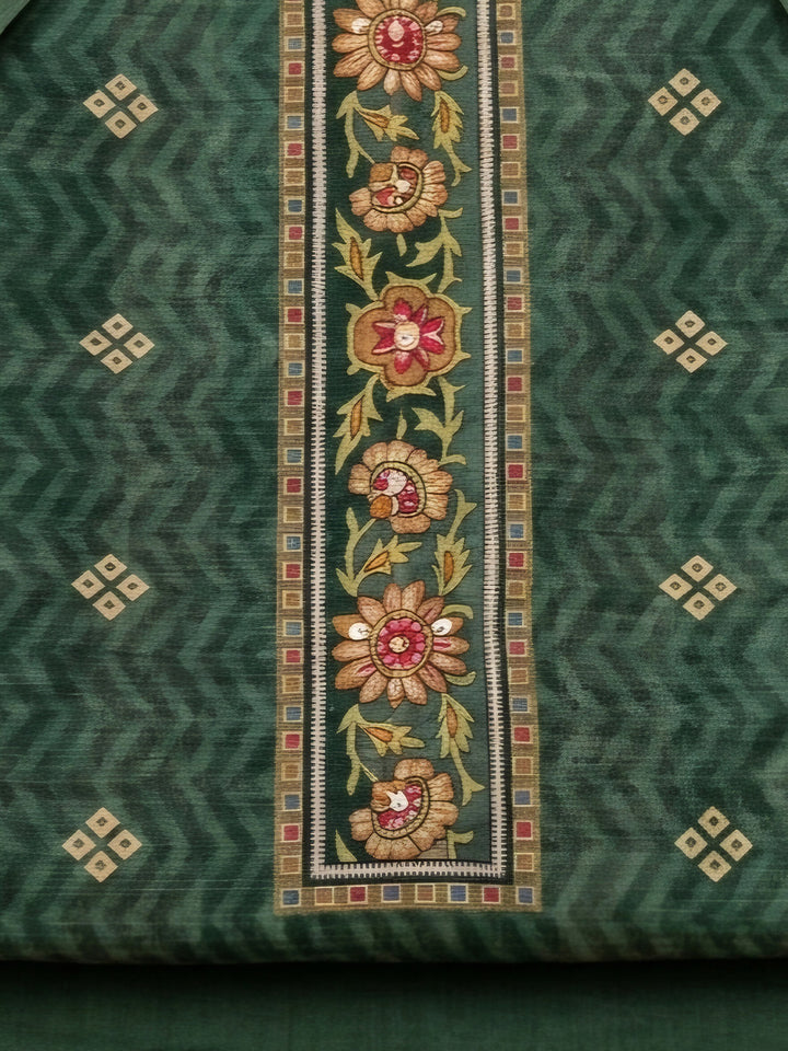 Bottle Green Embroidered Chanderi Unstitched Suit &amp; Pant With Chanderi Dupatta