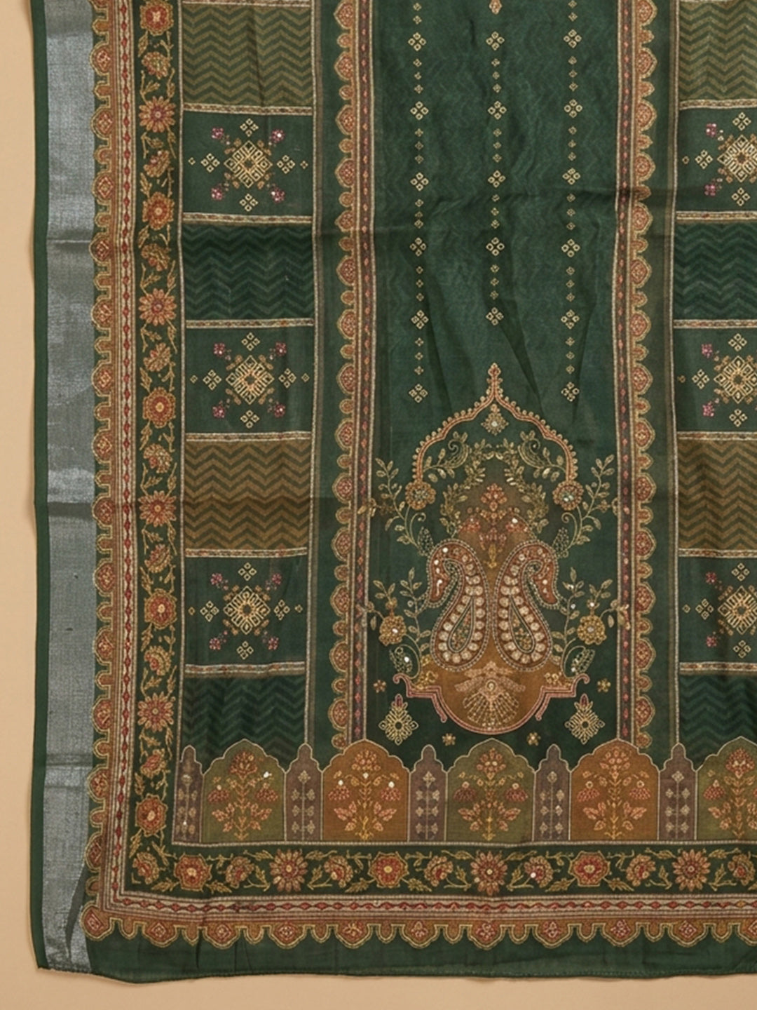 Bottle Green Embroidered Chanderi Unstitched Suit &amp; Pant With Chanderi Dupatta