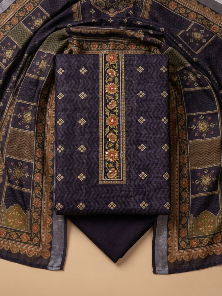 Purple Embroidered Chanderi Unstitched Suit &amp; Pant With Chanderi Dupatta