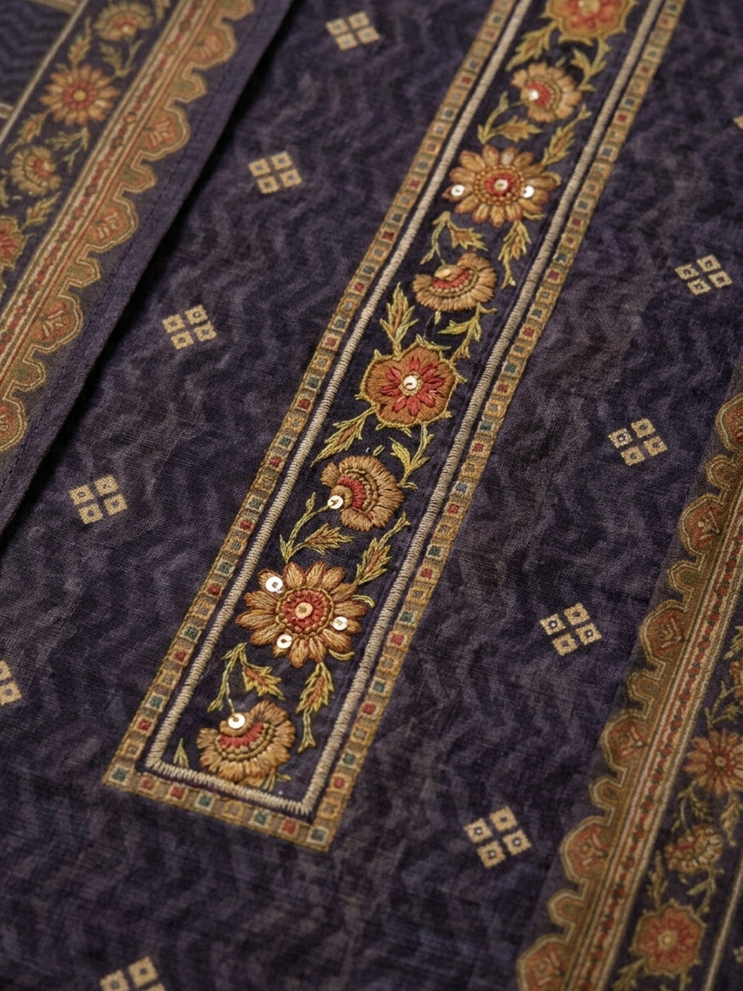 Purple Embroidered Chanderi Unstitched Suit &amp; Pant With Chanderi Dupatta
