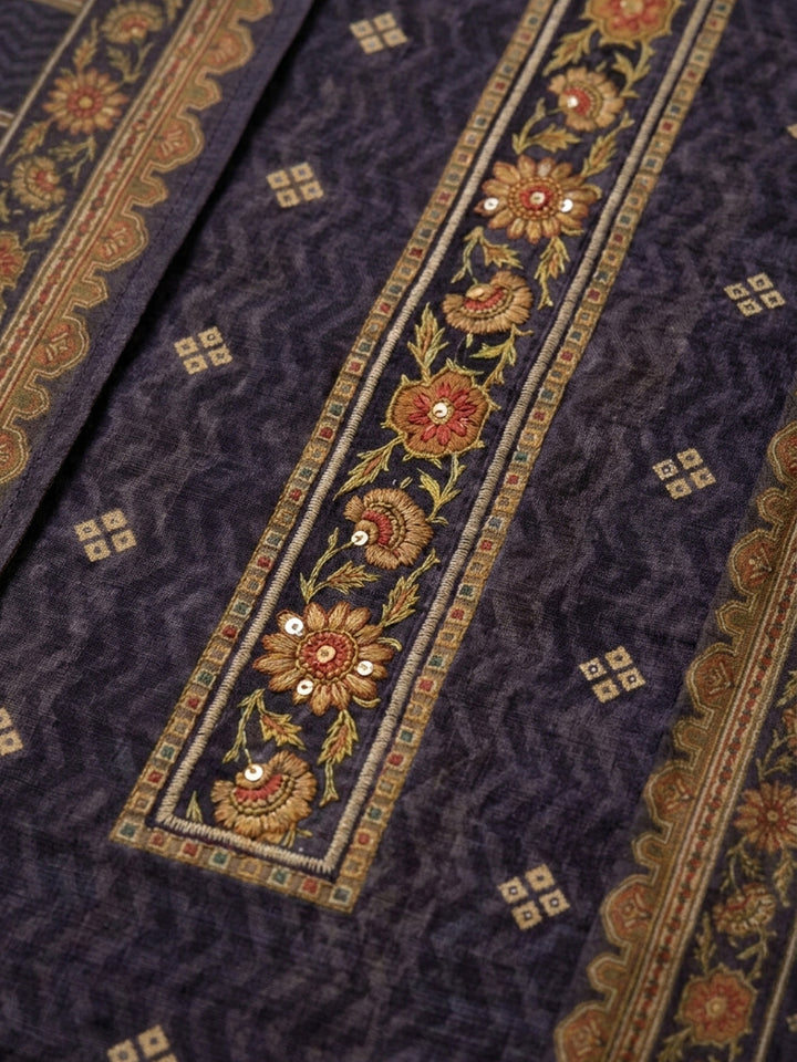 Purple Embroidered Chanderi Unstitched Suit &amp; Pant With Chanderi Dupatta