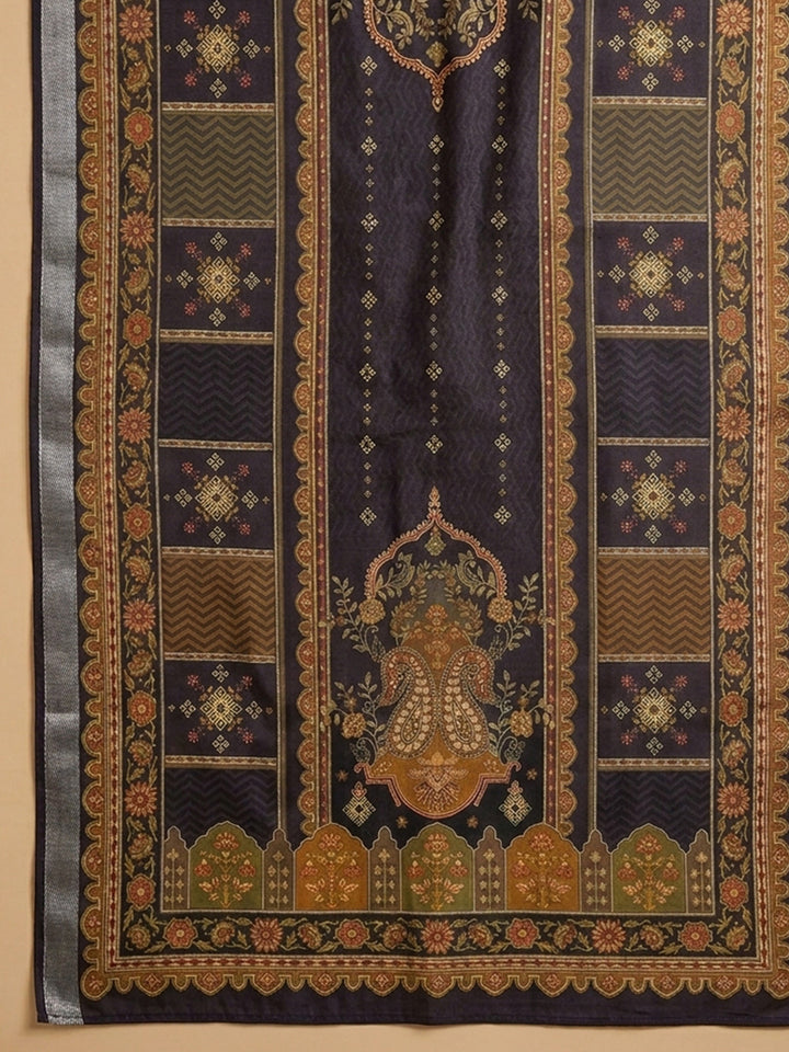 Purple Embroidered Chanderi Unstitched Suit &amp; Pant With Chanderi Dupatta