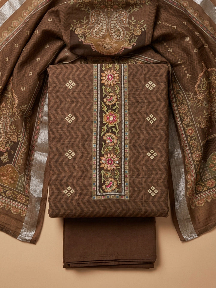 Rust Embroidered Chanderi Unstitched Suit &amp; Pant With Chanderi Dupatta