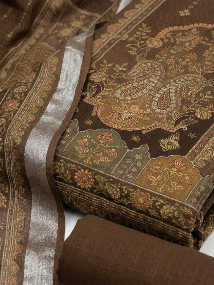 Rust Embroidered Chanderi Unstitched Suit &amp; Pant With Chanderi Dupatta