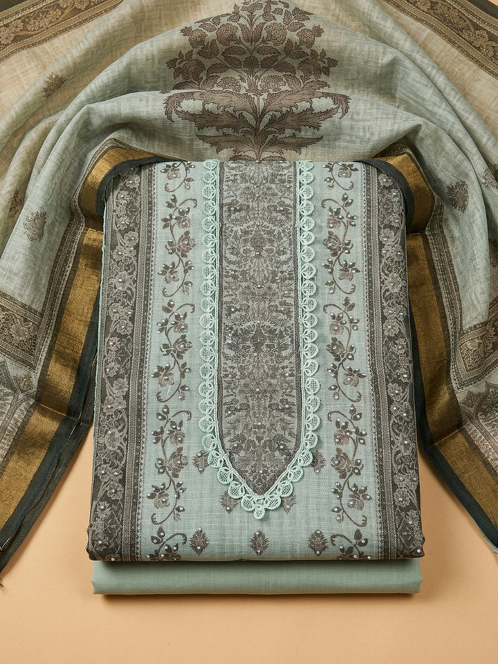 Aqua Blue Printed Linen Blend Unstitched Dress Material
