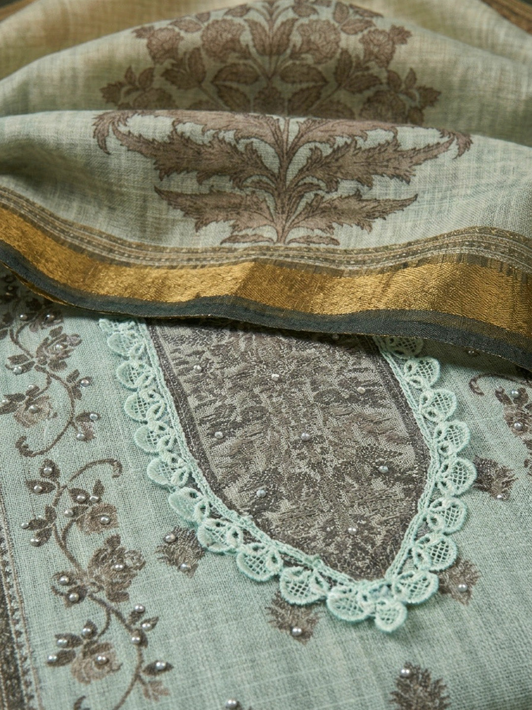 Aqua Blue Printed Linen Blend Unstitched Dress Material