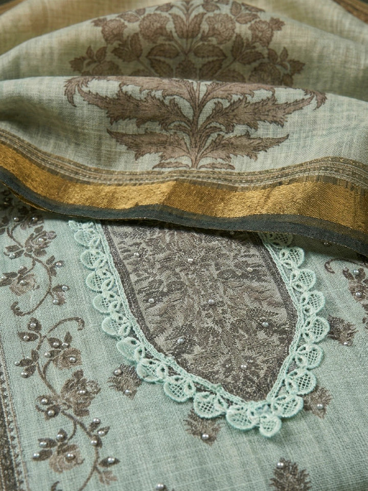 Aqua Blue Printed Linen Blend Unstitched Dress Material
