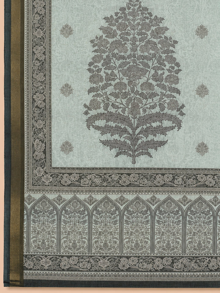 Aqua Blue Printed Linen Blend Unstitched Dress Material