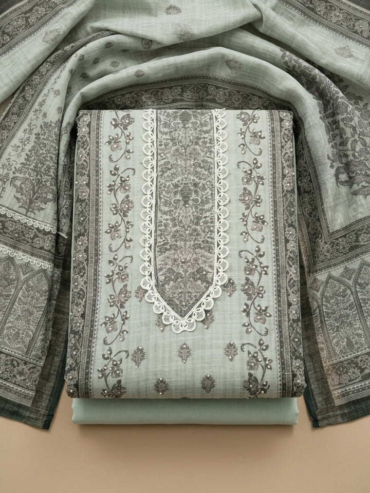 Aqua Green Printed Linen Blend Unstitched Dress Material