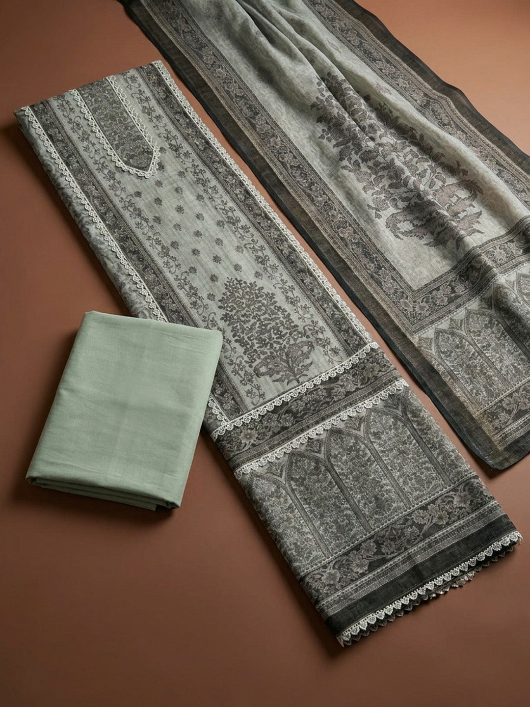 Aqua Green Printed Linen Blend Unstitched Dress Material