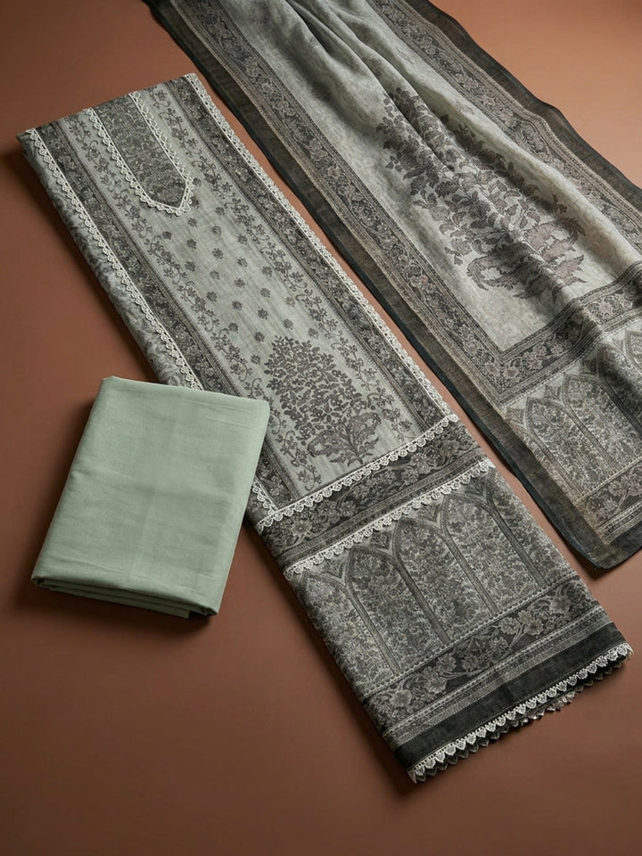 Aqua Green Printed Linen Blend Unstitched Dress Material