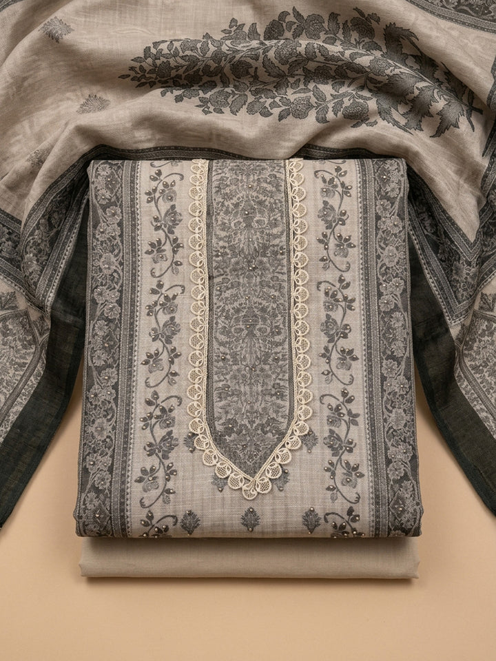 Beige Printed Linen Blend Unstitched Dress Material