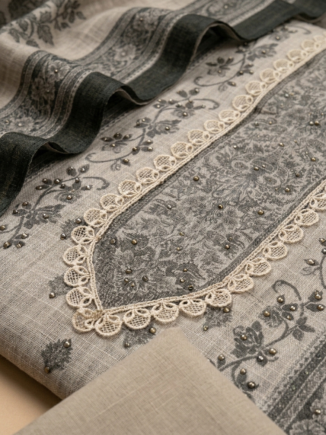 Beige Printed Linen Blend Unstitched Dress Material