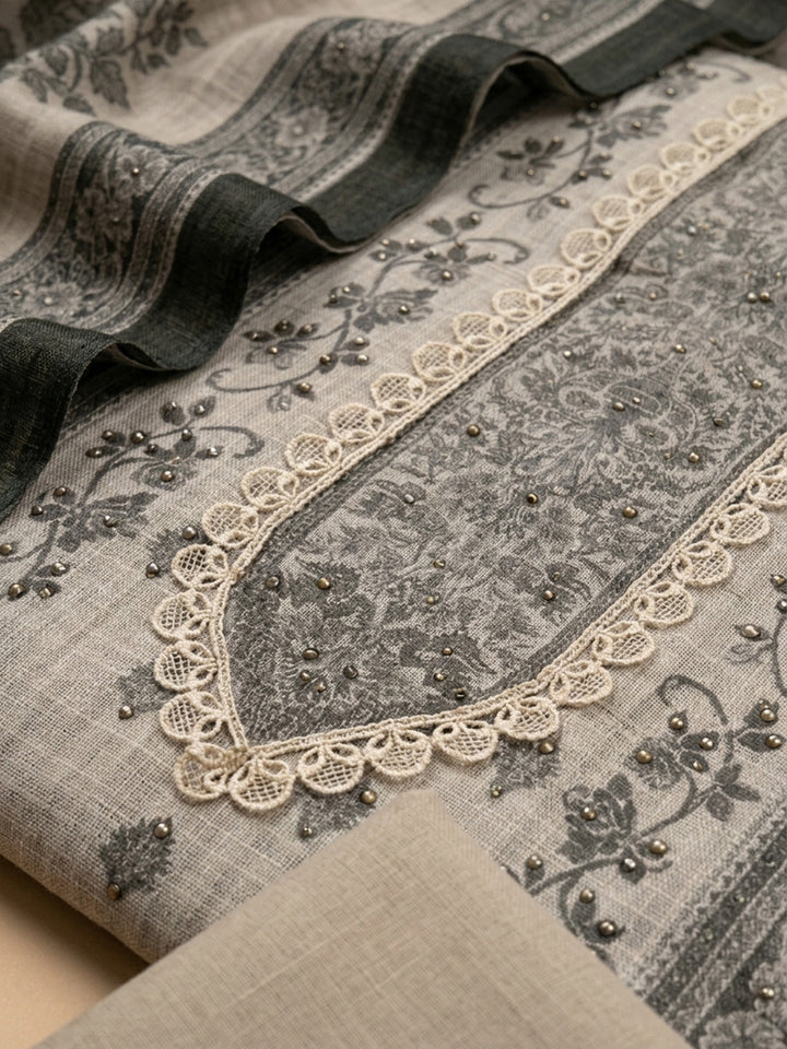 Beige Printed Linen Blend Unstitched Dress Material