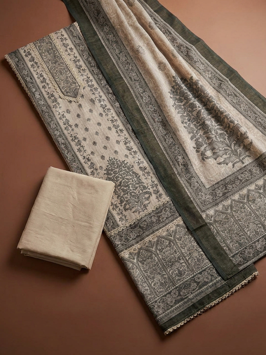 Beige Printed Linen Blend Unstitched Dress Material