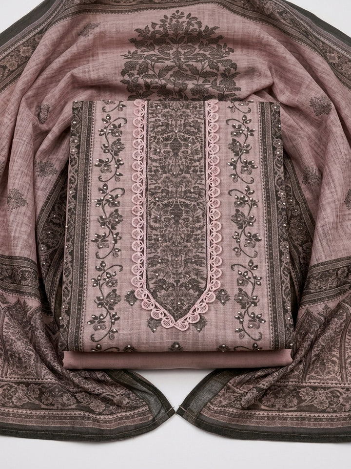 Pink Printed Linen Blend Unstitched Dress Material