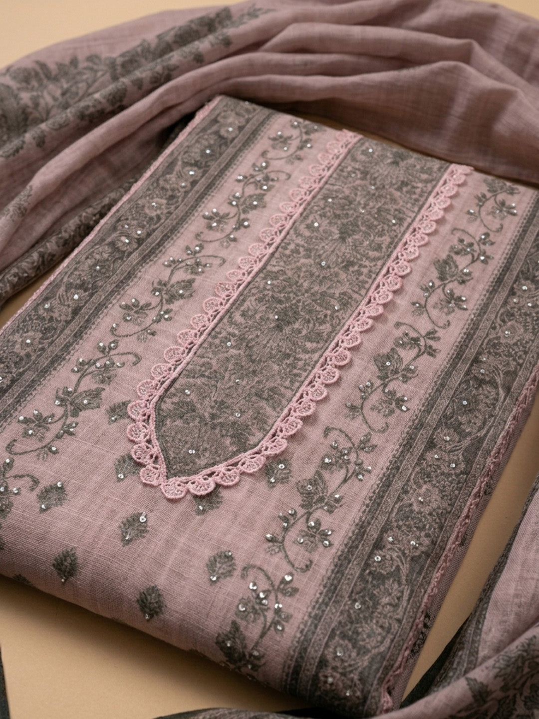 Pink Printed Linen Blend Unstitched Dress Material