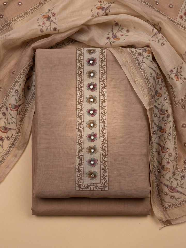 Beige Embroidered Linen Blend Unstitched Suit &amp; Pant With Linen Dupatta