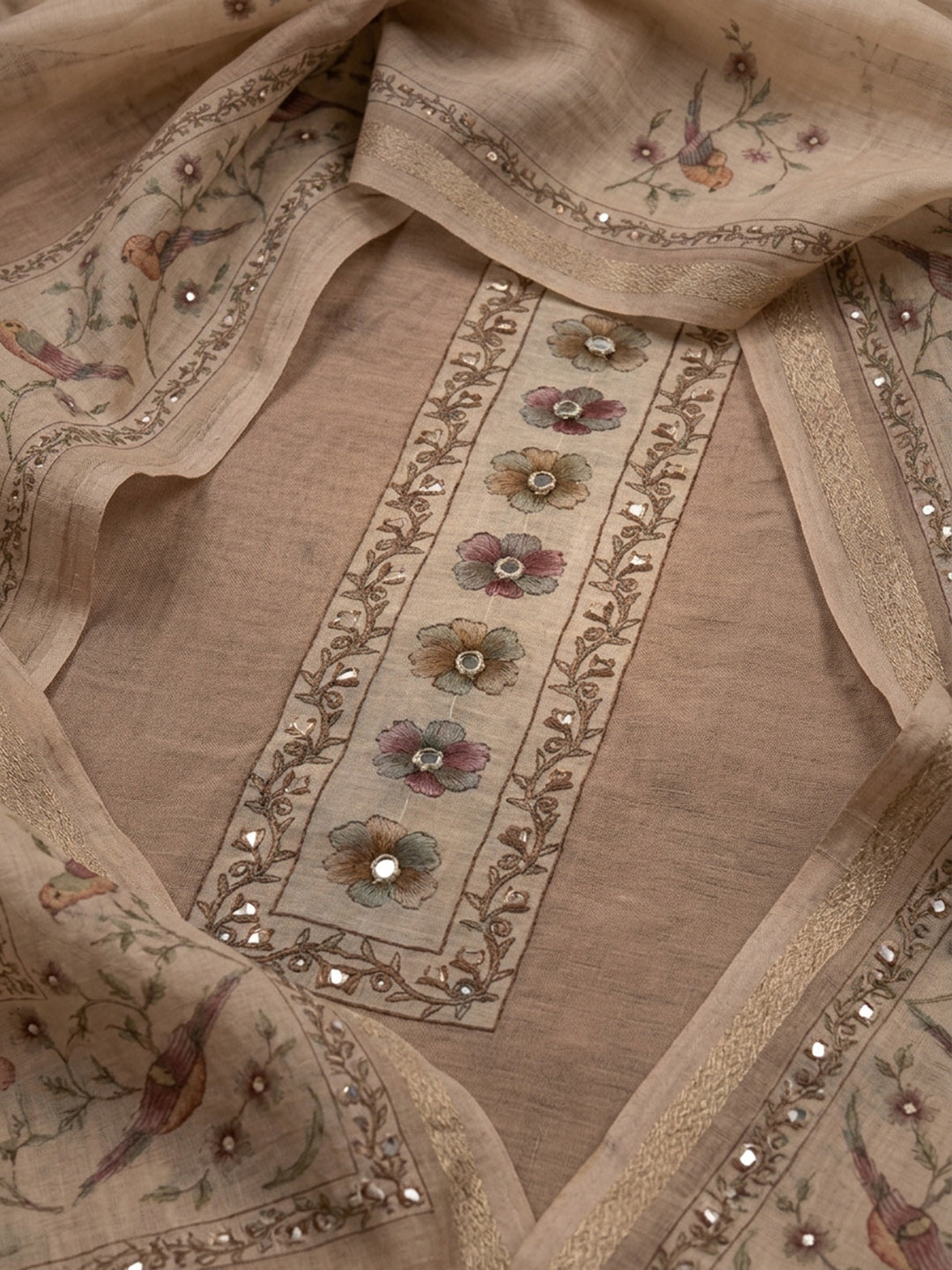 Beige Embroidered Linen Blend Unstitched Suit &amp; Pant With Linen Dupatta