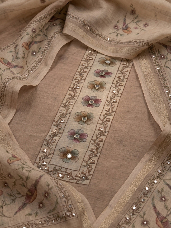 Beige Embroidered Linen Blend Unstitched Suit &amp; Pant With Linen Dupatta