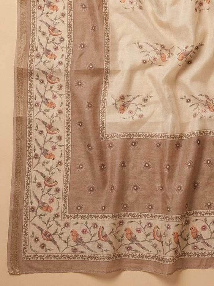 Beige Embroidered Linen Blend Unstitched Suit &amp; Pant With Linen Dupatta