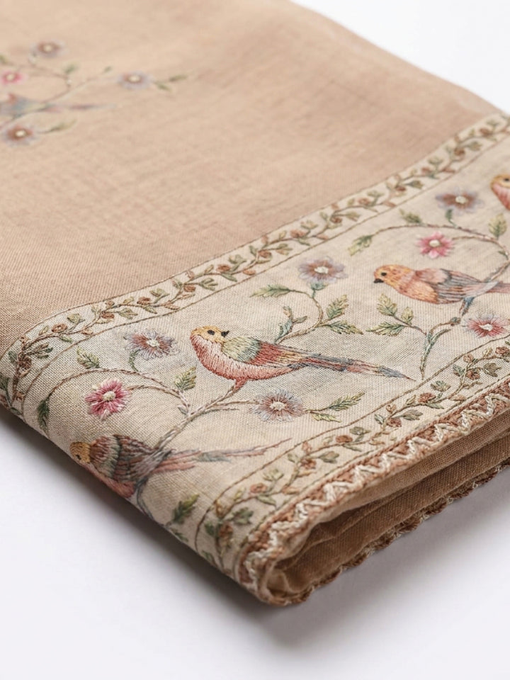 Beige Embroidered Linen Blend Unstitched Suit &amp; Pant With Linen Dupatta