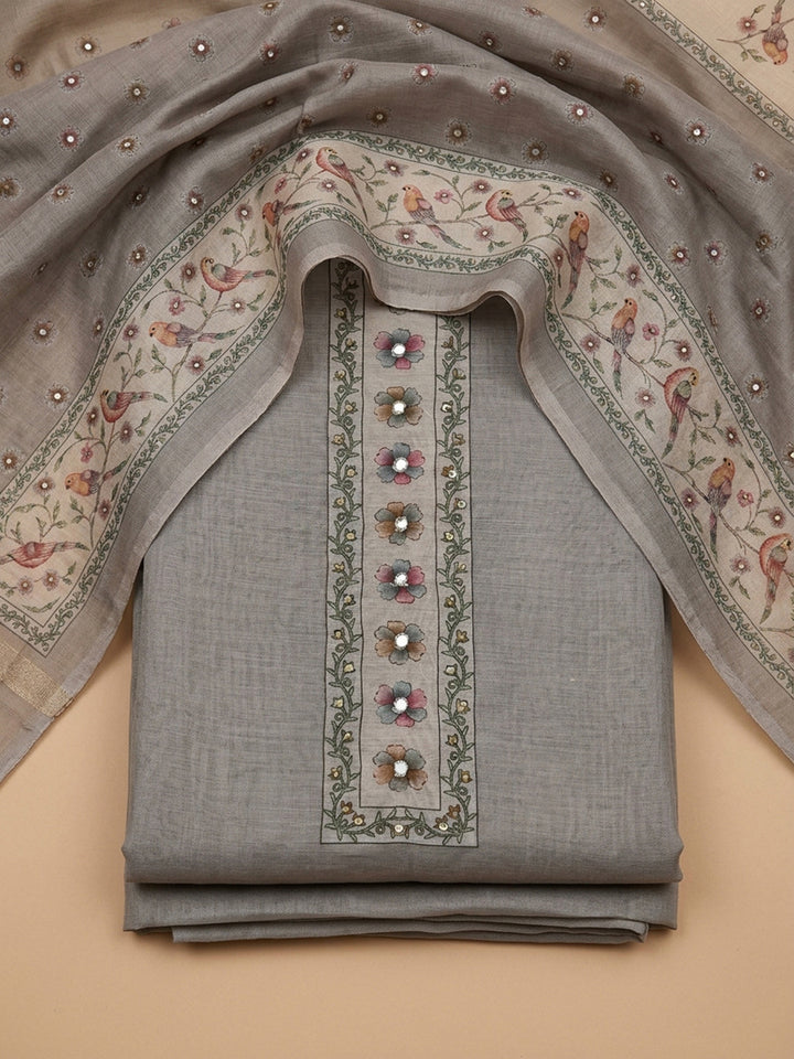 Grey Embroidered Linen Blend Unstitched Suit &amp; Pant With Linen Dupatta