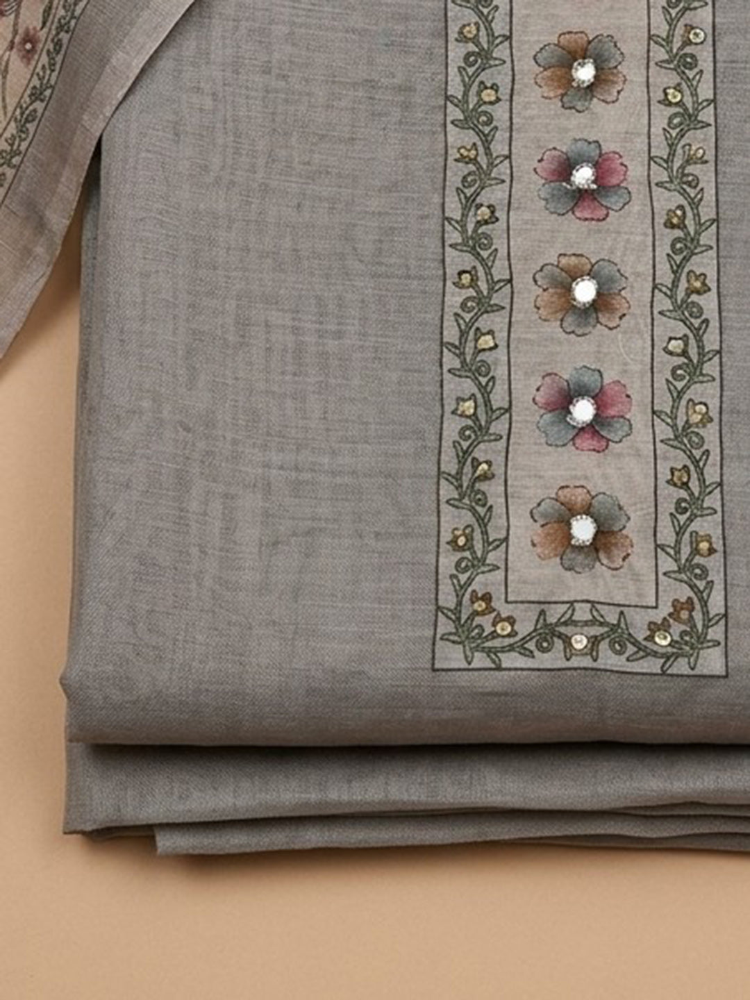 Grey Embroidered Linen Blend Unstitched Suit &amp; Pant With Linen Dupatta