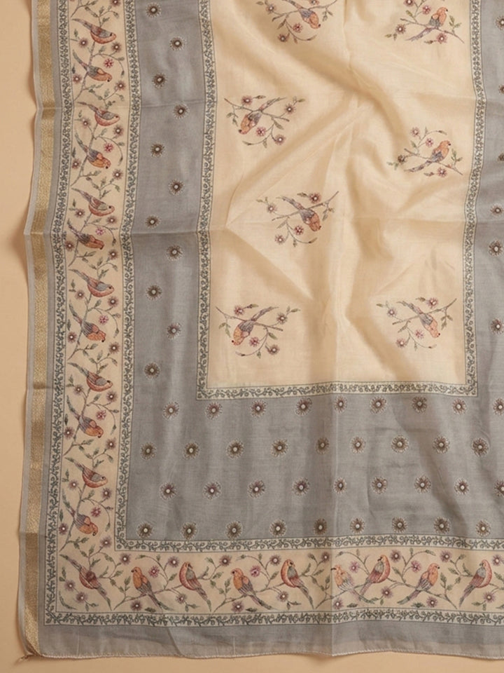 Grey Embroidered Linen Blend Unstitched Suit &amp; Pant With Linen Dupatta