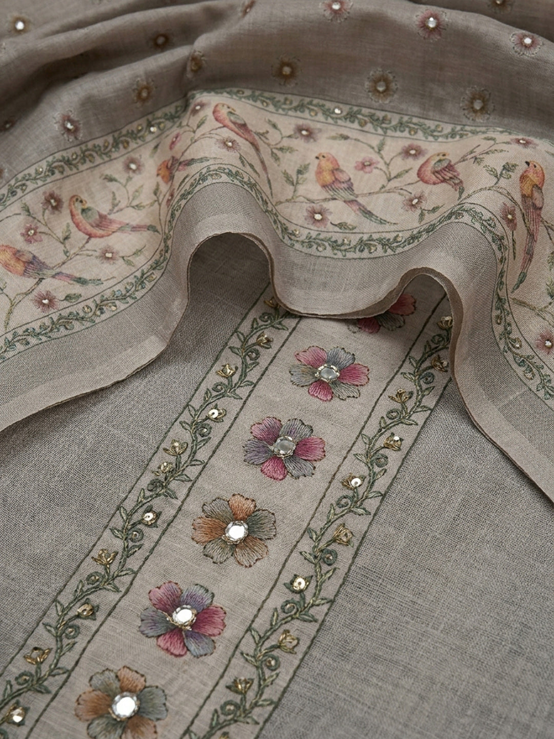Grey Embroidered Linen Blend Unstitched Suit &amp; Pant With Linen Dupatta