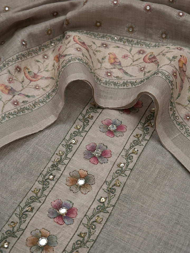 Grey Embroidered Linen Blend Unstitched Suit &amp; Pant With Linen Dupatta