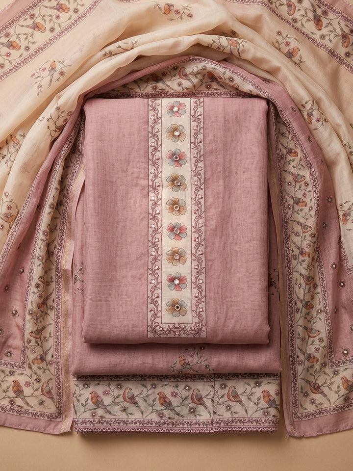 Peach Embroidered Linen Blend Unstitched Suit &amp; Pant With Linen Dupatta