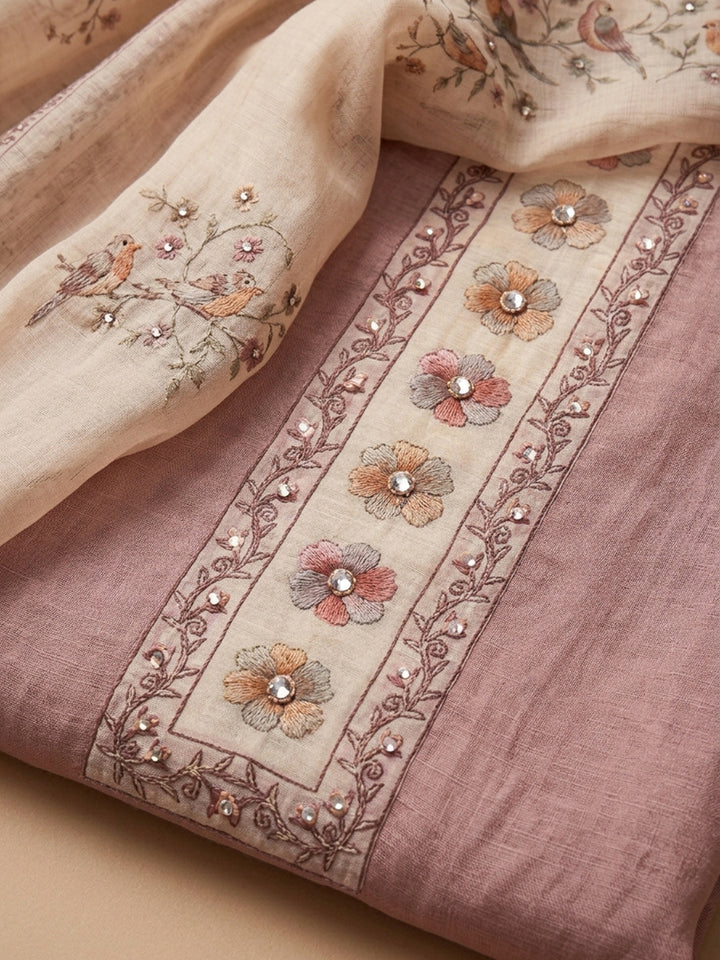 Peach Embroidered Linen Blend Unstitched Suit &amp; Pant With Linen Dupatta