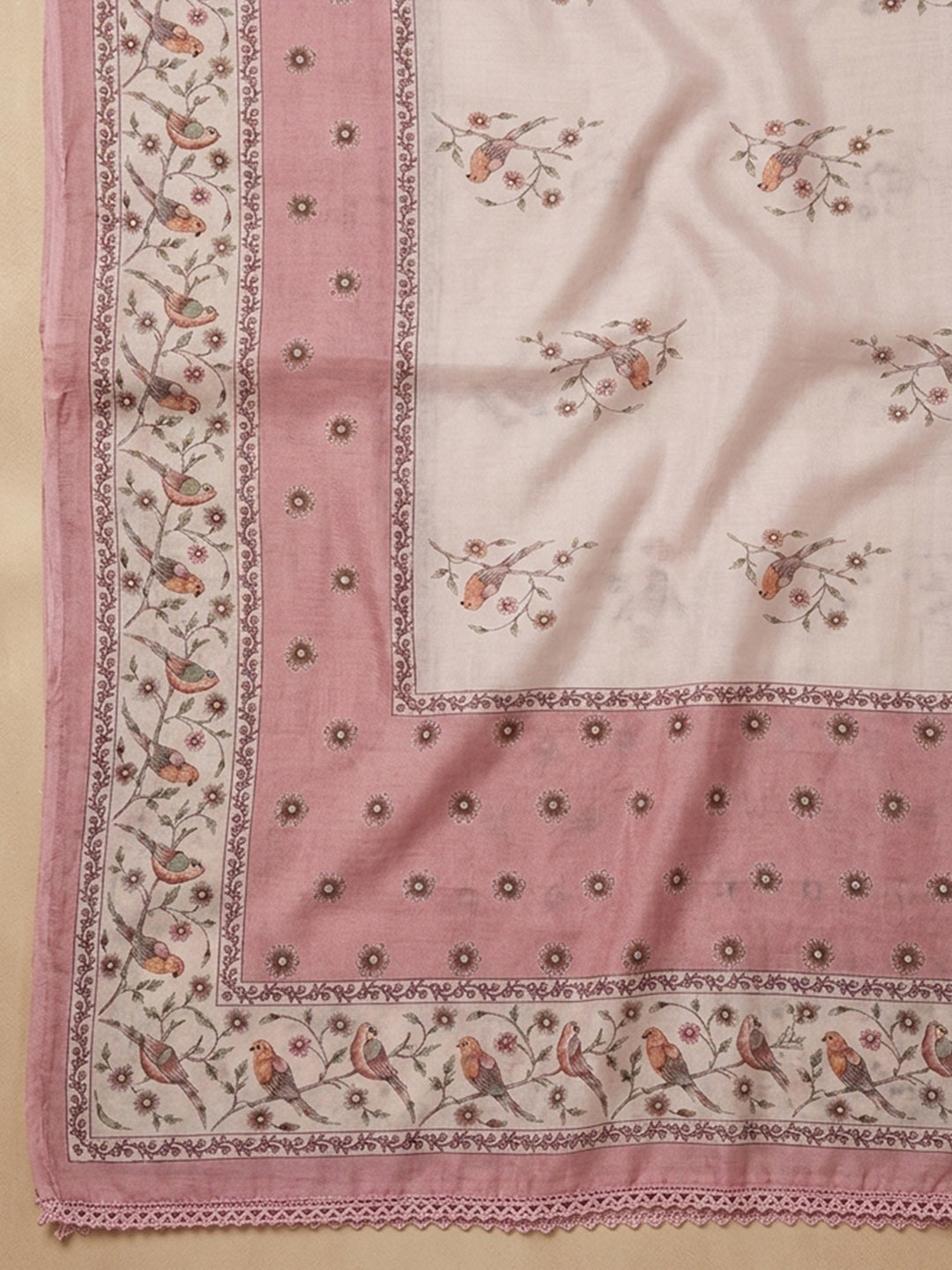 Peach Embroidered Linen Blend Unstitched Suit &amp; Pant With Linen Dupatta