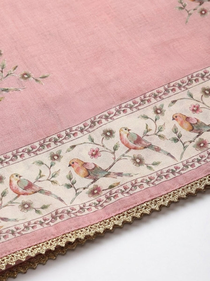 Peach Embroidered Linen Blend Unstitched Suit &amp; Pant With Linen Dupatta